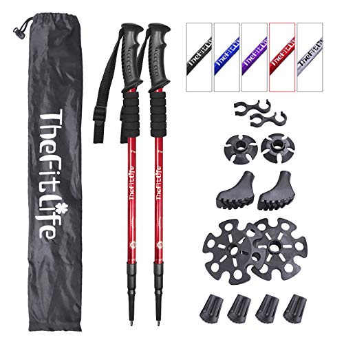 TheFitLife Nordic Walking Trekking Poles - 2 Packs with Antishock and Quick Lock System, Telescopic, Collapsible, Ultralight for Hiking, Camping, Mountaining, Backpacking, Walking, Trekking (Red)