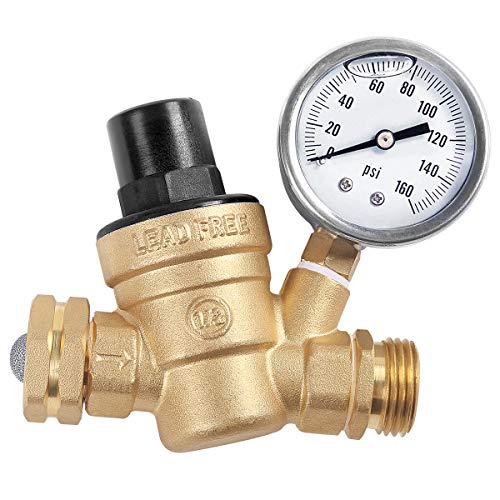 AECOJOY Water Pressure Regulator Brass Lead Free, NH Thread for RV, Adjustable Plumbing with 160 PSI Guage