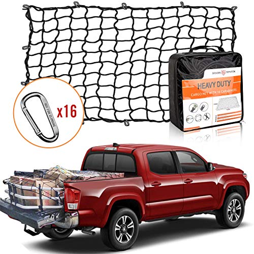 Seven Sparta 5’ x 7’ Bungee Cargo Net Stretches to 10' x 14' for Truck Bed, Pickup Bed, Trailer, Trunk, SUV with 16 Bonus D Clip Carabiners Universal Heavy Duty Car Rear Organizer Net for Large Loads