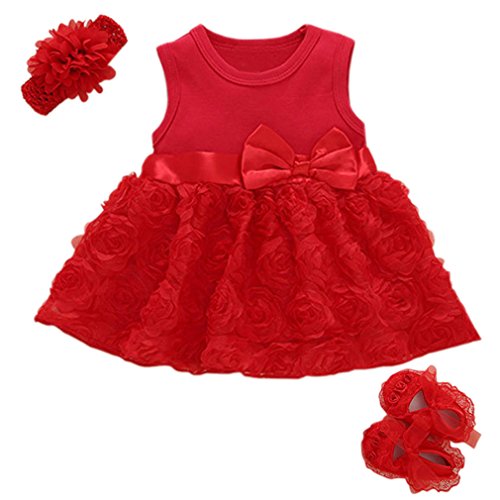 Niyage Baby Girls Clothes Floral Dress Headband Shoes 3 Pcs Set Flowers Party Outfit Red 6-9 Months