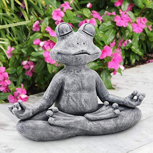 LIMEIDE Meditating Zen Yoga Frog Figurine Garden Statue - Indoor/Outdoor Garden Sculpture for Home, Patio, Yard or Lawn 12.5', Handmade Poly Resin Grey Stone Finish