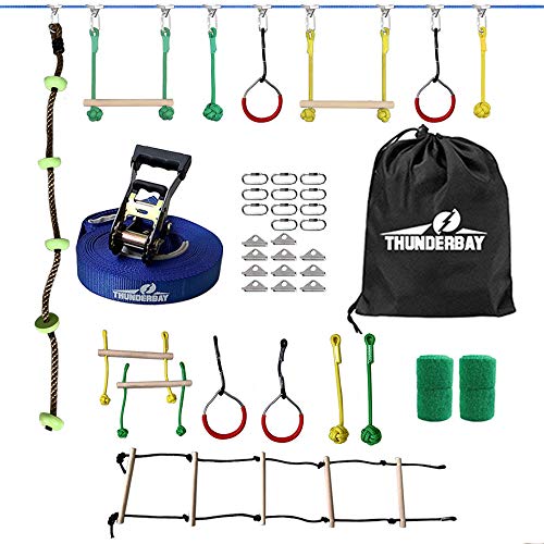 THUNDERBAY 40ft Ninja Line Kit Including 8 Hanging Obstacles, Adjustable Buckles, Tree Protectors and Carrying Bag