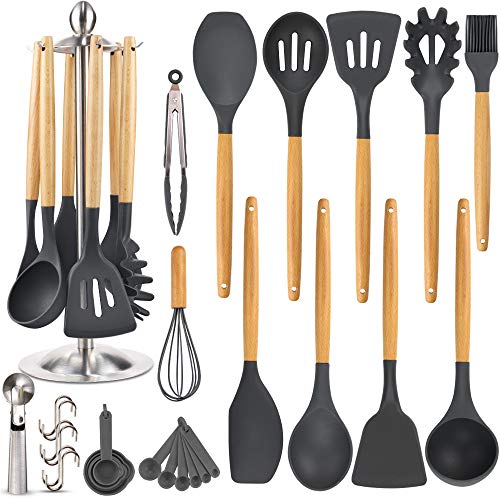 Silicone Kitchen Cooking Utensil Set, EAGMAK 15PCS Kitchen Utensils Spatula Set with Stainless Steel Stand for Nonstick Cookware, BPA Free Non-Toxic Cooking Utensils, Kitchen Tools Gift (Black Gray)