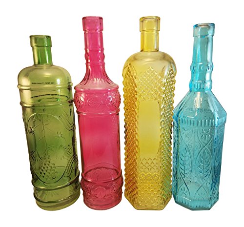 3Cats Colored Glass Bottles (Large Wine Bottle Size) - Decorative Vintage Bottles for Bottle Tree, The Garden, Suncatchers, or Flower Bud Vases. Set of 4