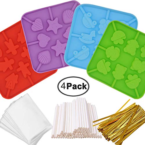 IHUIXINHE Silicone Lollipop Molds,4Pack 8-Capacity Chocolate Hard Candy Mold with 80pcs 4 inch Lollipop Sucker Sticks,50pcs Candy Treat Bags,250pcs Gold Ties
