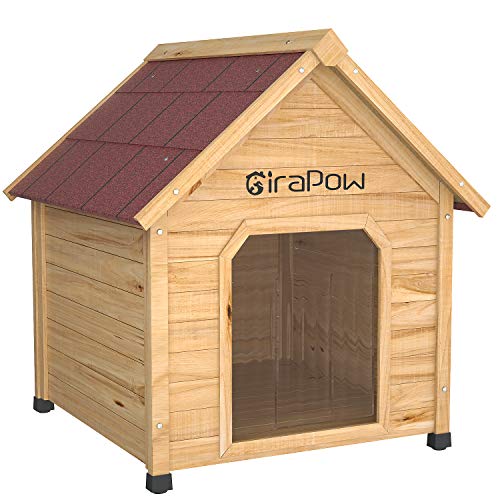 Girapow Extreme Wooden Dog House Pet Log Cabin Kennel Weather Resistant, with Transparent Door Flap, Removable Floor, 26X29X34 Inches, Medium