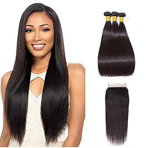 MS LOVE 9A Brazilian Straight Hair 3 Bundles with Closure free part(14 16 18 +12closure) 100％ Unprocessed Virgin Human Hair Bundles with HD Lace Closure Straight Weave Natural Color …