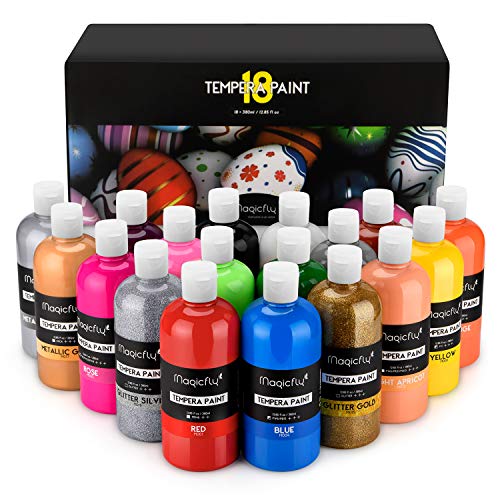 Magicfly 18 Colors Tempera Paint Set for Kids, Large Volume, Non-Toxic Washable Color (Basic, Neon, Glitter, Metallic Colors), Perfect for Finger Paint, Sponge and Poster Paint(12.85 fl oz./380 ml)