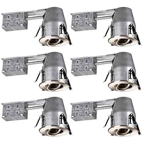 TORCHSTAR 4 Inch UL-Listed Remodel Can + Gimbal Trim Kit, Air Tight Aluminum IC Housing, GU10 Socket Included, Satin Nickel Trim, 120V Voltage, Pack of 6