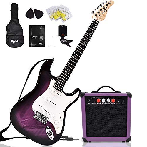 Complete 39 Inch Guitar and Amp Bundle Kit for Beginners-Starter Set Includes 6 String Tremolo Guitar, 20W Amplifier with Distortion, 2 Picks, Shoulder Strap, Tuner, Bag Case - Right-Handed Purple