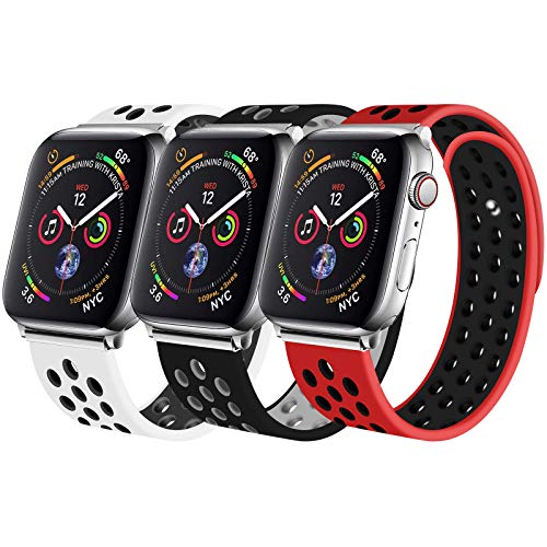 JuQBanke Sport Band 3 Pack Compatible for Apple Watch Band 38mm 40mm, Soft Silicone Sport Replacement Wristband Compatible with iWatch Series 1/2/3/4/5 S/M White Black/Gray/Red Black