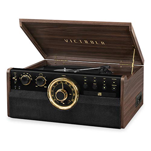 Victrola 6-in-1 Wood Bluetooth Mid Century Record Player with 3-Speed Turntable, CD, Cassette Player and Radio