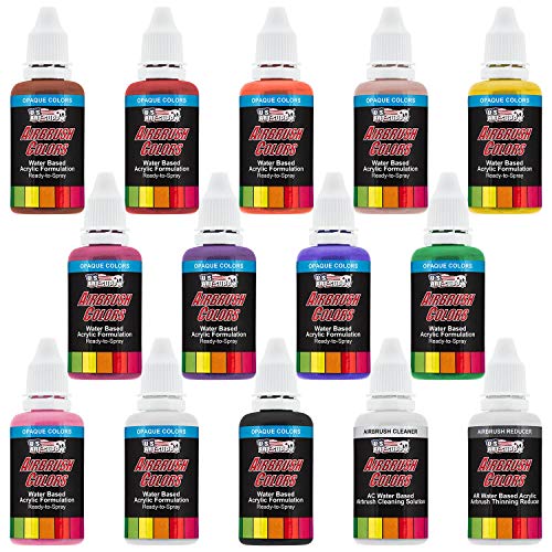 U.S. Art Supply 12 Color Set of Primary Opaque Colors Acrylic Airbrush, Leather & Shoe Paint Set with Reducer & Cleaner 1 oz. Bottles