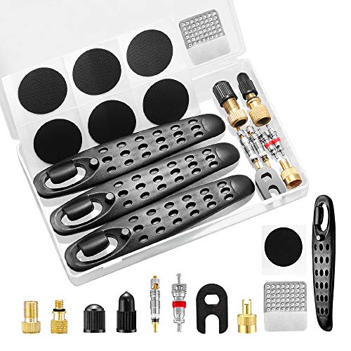 Bike Tire Levers, 15 PCS Mountain Road Bike Tube Repair Kit, Hardened Plastic Bicycle Tire Spoons, Include Bicycle Tire Levers, Pre-glued Patch Puncture Repair Kit , Valve Adapter, Valve Core Tool