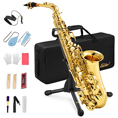 Eastar AS-Ⅱ Student Alto Saxophone E Flat Gold Lacquer Alto Beginner Sax Full Kit With Carrying Sax Case Mouthpiece Straps Reeds Stand Cork Grease