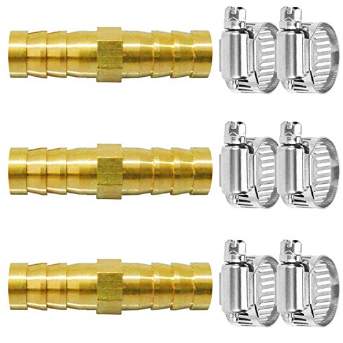 Da by 3 pcs 3/8'(10mm) Barb Splicer Mender Hose Brass Barb Fitting with 6 pcs Stainless Steel Pipe Clamps for Water/Fuel/Air