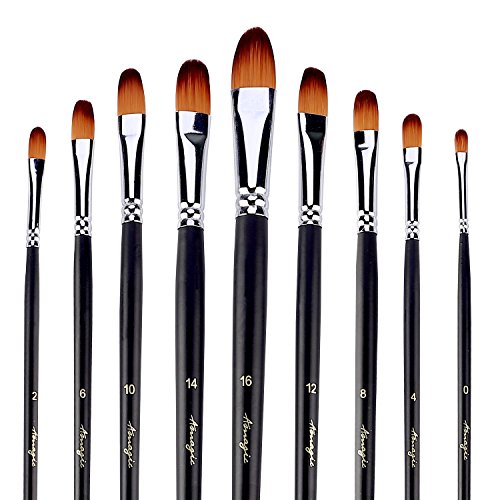 Amagic 9 PCS Filbert Brushes with Case for Acrylic Oil Watercolor Artist Professional Painting Kits with Synthetic Nylon Tips, Long Handle