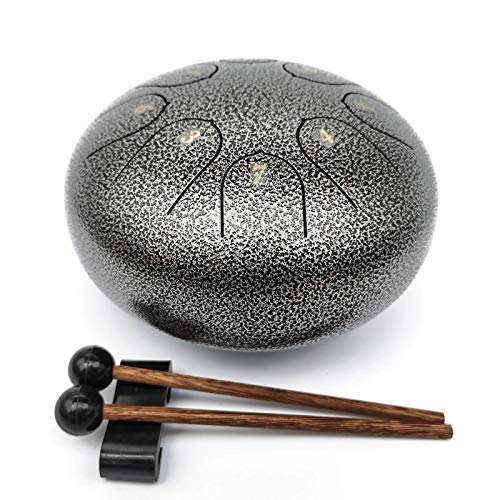 Steel Tongue Drum - 8 Notes 6 inch C-Key - Handpan Percussion Instrument - Tank Chakra Drums with Padded Travel Bag, Mallets, for Meditation, Entertainment, Decompression, Music and Gift (Gun-color)