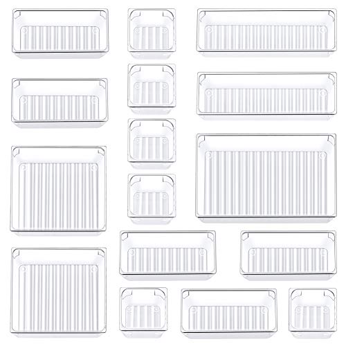 Kootek 16 Pcs Desk Drawer Organizer Set 5-Size Bathroom Drawer Tray Dividers Versatile Storage Bins Plastic Vanity Trays Organizers Divider Container for Dresser Makeup Kitchen Utensil Office