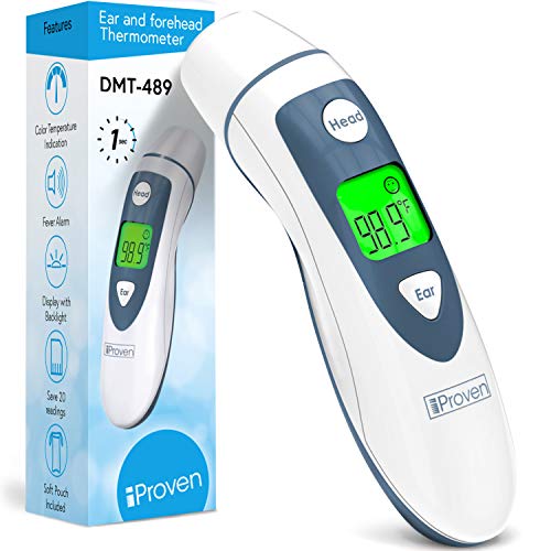 iProven Thermometer for Adults Forehead and Ear - Fever Alarm, 1 Second Reading, Color Temperature Indicator, Save 20 Readings, Medical Thermometer for Adults Kids and Babies - DMT-489