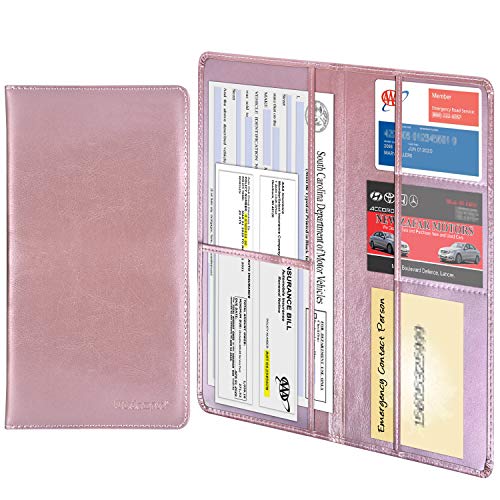 Wisdompro Car Registration and Insurance Documents Holder - Premium PU Leather Vehicle Glove Box Paperwork Wallet Case Organizer for ID, Driver's License, Key Contact Information Cards (Rose Gold)