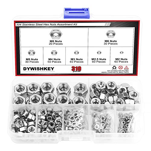 DYWISHKEY 310 Pieces Metric 304 Stainless Steel Hex Nuts Assortment Kit for Screw Bolt (M2 M2.5 M3 M4 M5 M6 M8)