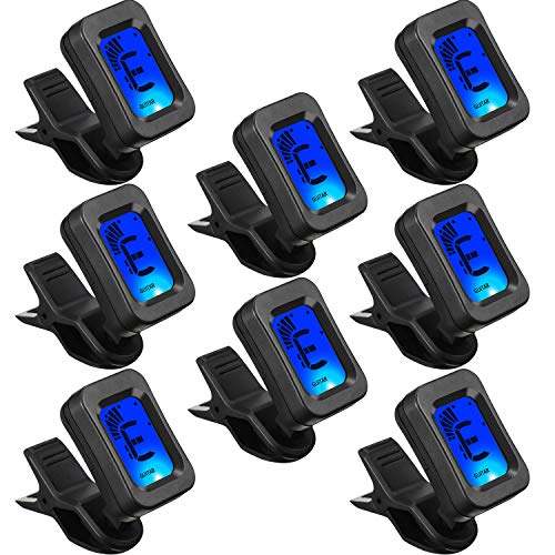 8 Packs Guitar Tuner Clip on Guitar Tuner for All Instruments Electric Guitar Tuner with Large Clear LCD Display for Ukulele, Guitar, Bass, Mandolin, Violin, Banjo, Chromatic Tuner