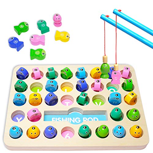 Ree Magnetic Wooden Fishing Game, Alphabet and Numbers Fish Catching Counting Preschool Board Games, Fun Toys for2 3 4 5 Years Old Kids Birthday Learning Education Math Toys with 2 Poles.