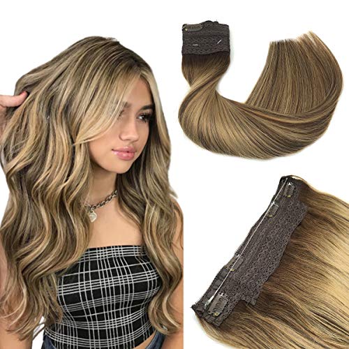 Halo Hair Extensions, Straight Hidden Wire Hair Extensions, Chocolate Brown with Honey Blonde Secret Hair Extension, Fish Line Flip in Human Hair Extensions, 18 inch, hotbanana