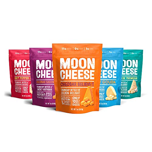 Moon Cheese, 5 Pack, Assortment (Cheddar, Gouda, Pepper Jack, Bacon Cheddar, Garlic Parmesan), 100% Cheese and Gluten Free, 2 oz)