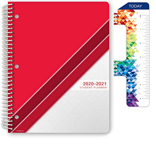 Dated Middle School or High School Student Planner for Academic Year 2020-2021 (Matrix Style - 8.5'x11' - Red Stripe Cover) - Ruler/Bookmark and Planning Stickers