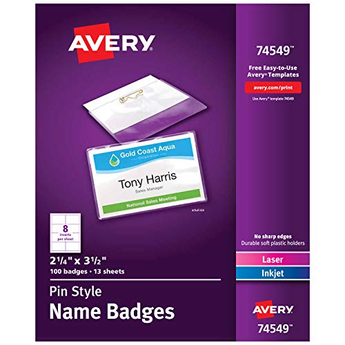 Avery Pin Style Name Badges, Print or Write, 2-1/4' x 3-1/2', Pins Securely, 100 Inserts & Pin Badge Holders (74549), White