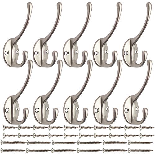 10 Pack Heavy Duty Dual Coat Hooks Wall Mounted with 40 Screws Retro Double Hooks Utility Black Hooks for Coat, Scarf, Bag, Towel, Key, Cap, Cup, Hat (Silvery)
