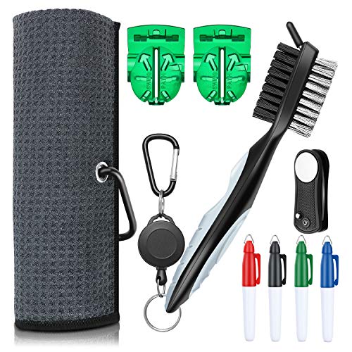 XAegis GT13 Golf Towel and Brush to Clean Golf Club with Magnet Divot Tool,Golf Ball Liners,Pens - 9 in 1 Golf Accessories,Grey