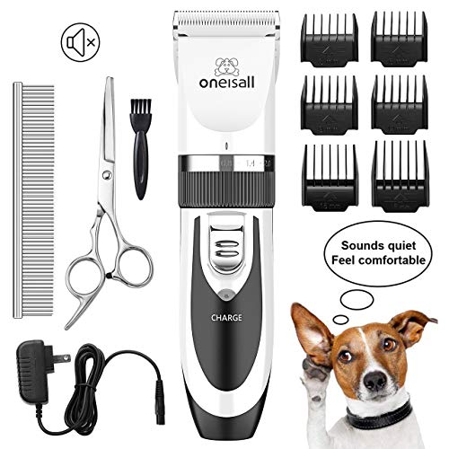 oneisall Dog Shaver Clippers Low Noise Rechargeable Cordless Electric Quiet Hair Clippers Set for Dogs Cats Pets (White)