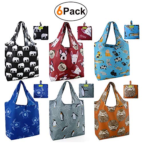 Grocery Bags Reusable Foldable 6 Pack Shopping Bags Large 50LBS Cute Groceries Bags with Pouch Bulk Ripstop Waterproof Machine Washable Eco-Friendly Nylon Elephant Hedgehog Cat Turtle Dog Penguin