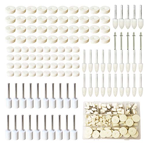 Woohome 150 PCS Polishing Bits Kit 5 Style Polishing Buffing Wheels Wool Felt Soft Felt Polishing Pad Set Wool Felt Mandrel Mounted Grinding Polishing for Rotary Tool