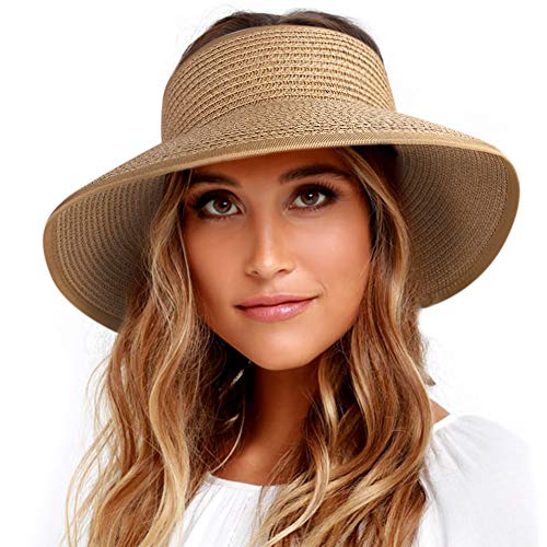 FURTALK Roll Up Sun Visor Wide Brim Straw Hats for Women Ponytail Summer Beach Hat UV UPF Travel Foldable Packable (One Size, Pure Khaki)