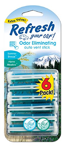 Refresh Your Car Odor Eliminating Auto Vent Stick Car and Home Air Freshener, Summer Breeze / Alpine Meadow Scent, 6 Sticks