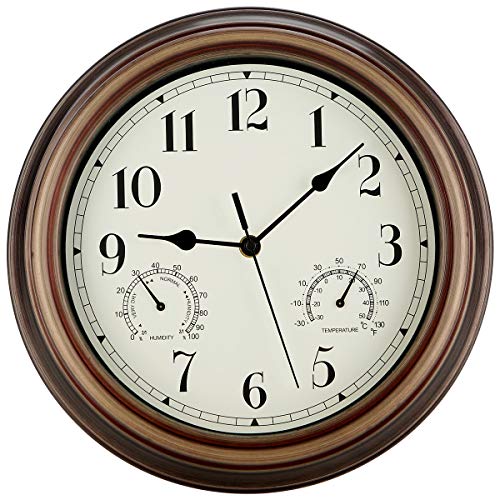 SecreShow 12 Inch Indoor Outdoor Wall Clock Waterproof with Temperature and Humidity Combo,Battery Operated Non Ticking Silent Clock Wall Decorative