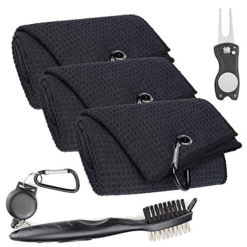 Rocita Golf Towel, Golf Clubs Set Golf Cleaning Tool Kit with Microfiber Waffle Pattern Club Groove, Cleaner Brush and Magnetic Foldable Divot Tool Golf Gifts Accessories Set for Men