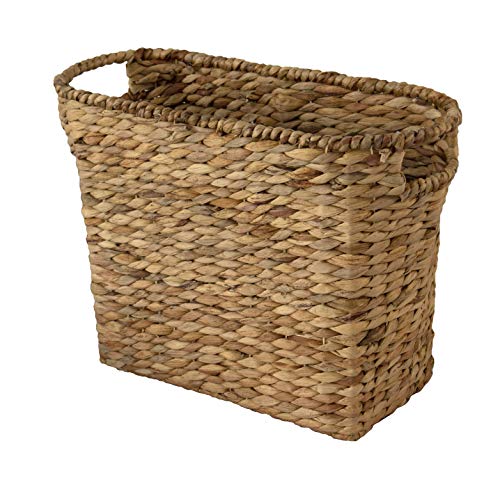 Decorative Farmhouse Wicker Magazine Holder and Organizer Bin with Handle, Water Hyacinth Woven Standing Rack Basket for Magazines, Books, Newspapers, Tablets in Bathroom, Living Room, Office