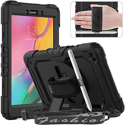 Timecity Galaxy Tab A 8.0' 2019 Case (Fit for SM-T290/T295/T297), Rugged Heavy Duty Protective Case with Rotating Stand, Tablet Cover with Screen Protector Handle Shoulder Strap, Black