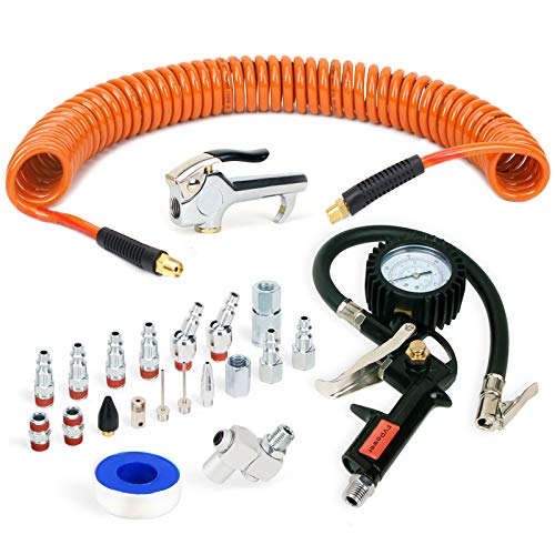 FYPower 22 Pieces Air Compressor Accessories kit, 1/4 inch x 25 ft Recoil Poly Air Compressor Hose Kit, 1/4' NPT Quick Connect Air Fittings, Tire Inflator Gauge, Blow Gun, Swivel Plugs, Orange PU Hose