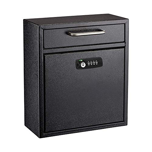 AdirOffice Ultimate Drop Box Wall-Mounted Mailbox - Hanging Secured Postbox - Durable Spacious Key or Combination Lock Box Perfect for After Hours Deposits Payments Key and Letter Drop (Medium, Black)