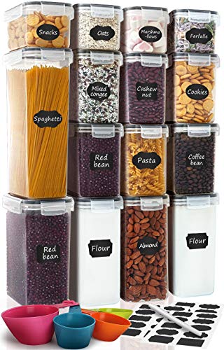 Airtight Food Storage Containers 15-Piece Set, Kitchen & Pantry Organization, BPA Free Plastic Storage Containers with Lids, for Cereal, Flour, Sugar, Baking Supplies, Labels, Marker & Measuring Cups