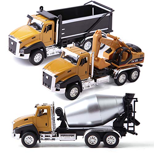 ArgoHome 3 Pack of Diecast Construction Truck Vehicle Car Toy Set Play Vehicles in Carrier Truck, Digger, Mixer Truck,Dump Truck, Pull Back Car Toys with Opening Doors for Boys and Girls
