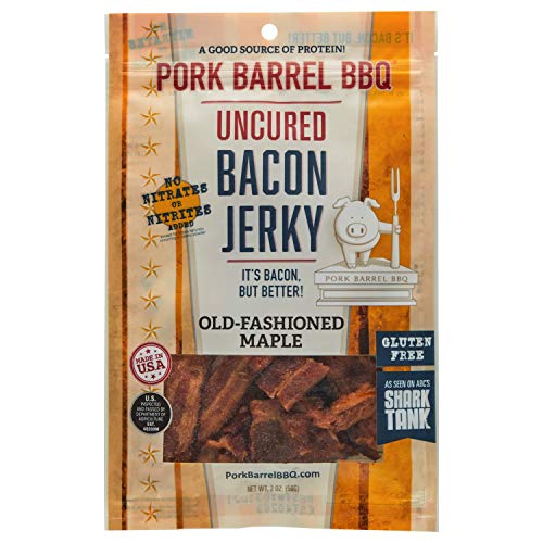 Pork Barrel BBQ Uncured Bacon Jerky, Old-Fashioned Maple, Sweet Maple and Brown Sugar with Smoky, Slow Cooked Bacon 2 OZ Snack Pack | As Seen on Shark Tank | Nitrate and Nitrite Free, Gluten Free