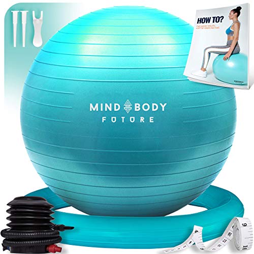 Yoga Ball Chair - Exercise Ball & Stability Ring. For Pregnancy, Balance, Pilates or Birthing Therapy. Use at Office, Gym or Home. Anti-Burst and Anti-Slip Premium Grade (55cm, Turquoise)