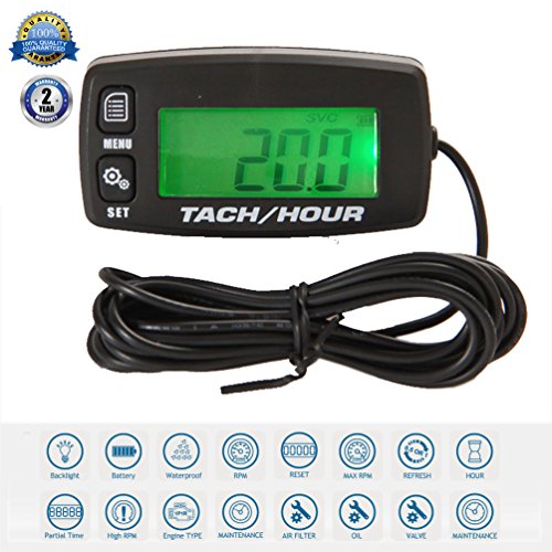 Runleader HM032R Inductive Tachometer Digital Tach Hour Meter Backlit Flash Alert Service Alarms for Gasoline Engine Chainsaw ATV UTV Dirtbike Motobike Motocycle Outboards Snowmobile Marine Boat